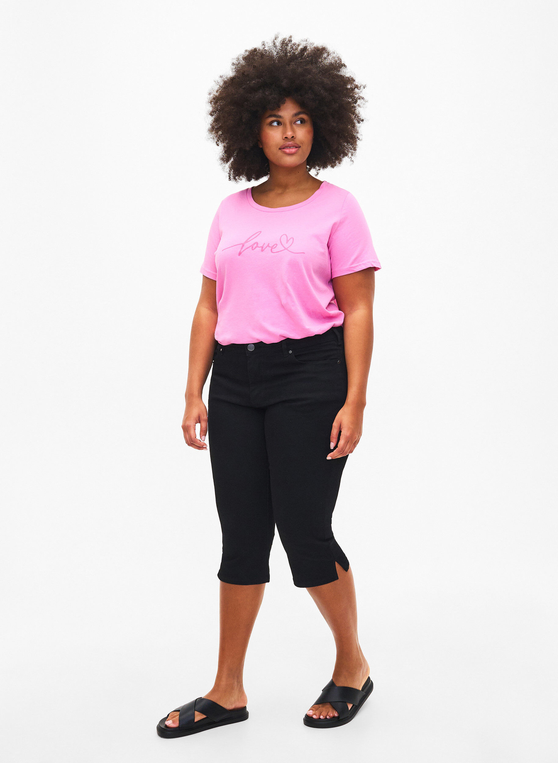 Zizzi T-skjorte i bomull med rund hals og trykk, RoseBloom W. Love, Model image number 2