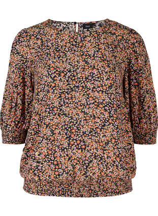 Mønstrete bluse med smock og 3/4-ermer, Ditsy Flower AOP, Packshot image number 0