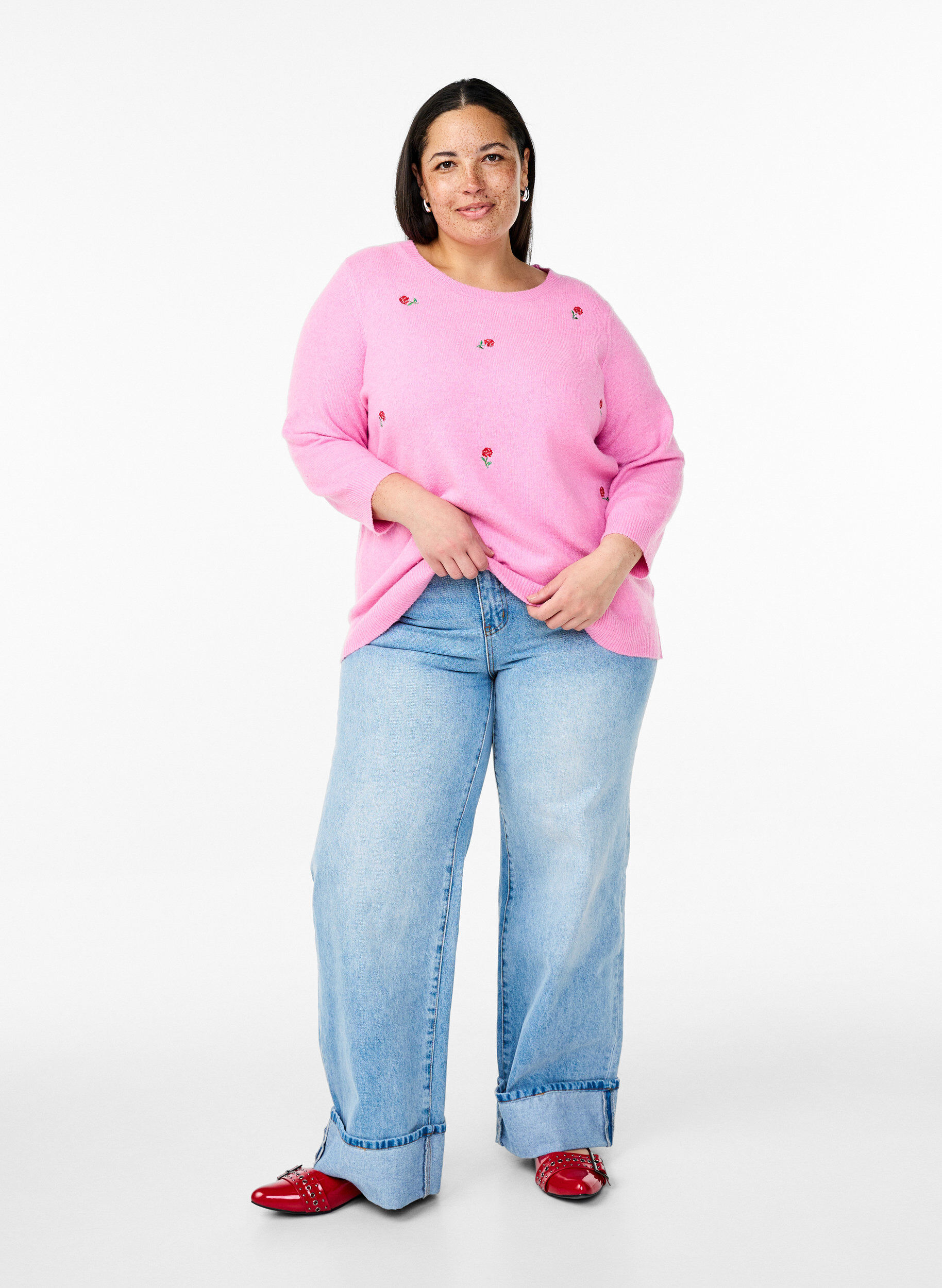 Zizzi Strikket bluse med blomster og 3/4 ermer, Begonia Pink Mel., Model image number 2