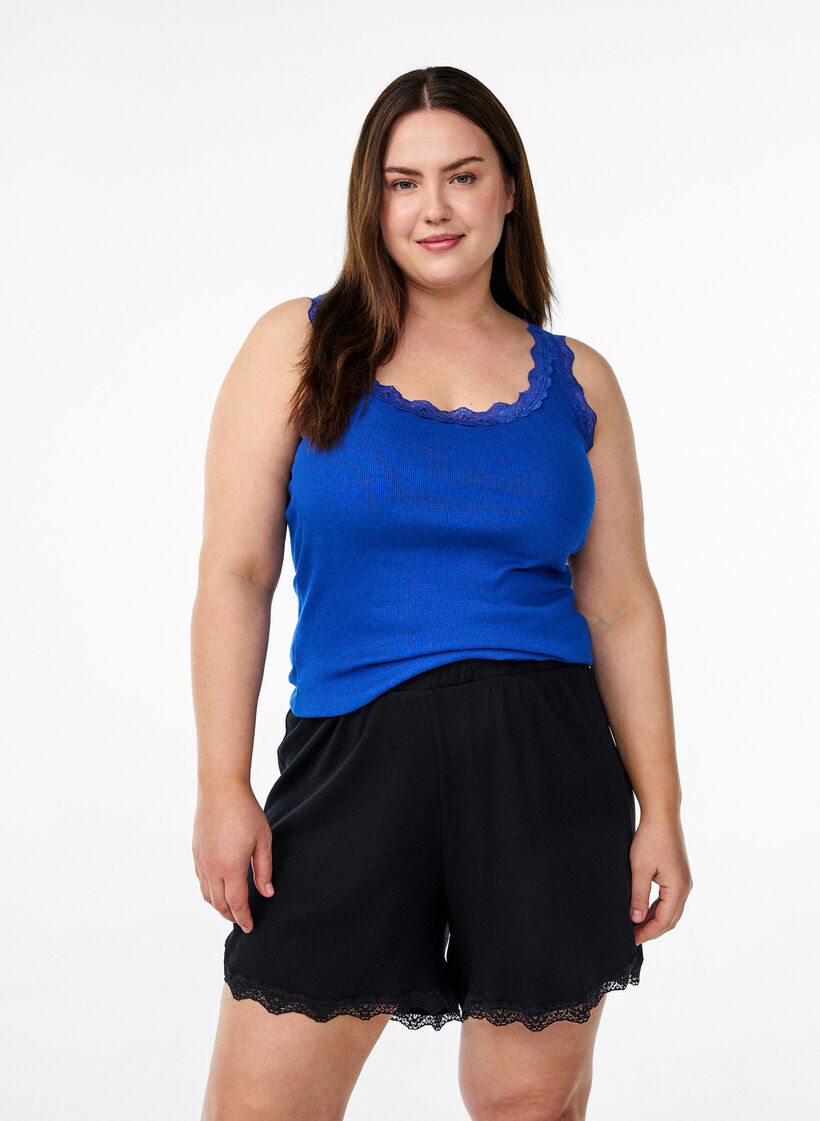 Løse nattshorts med ribbestruktur og blonderkant, Svart, Model image number 0