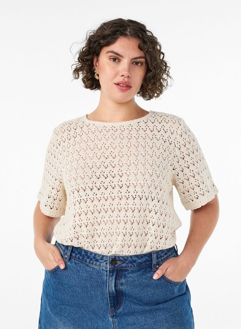 Kortermet bluse med hullbroderi, Beige, Model image number 0