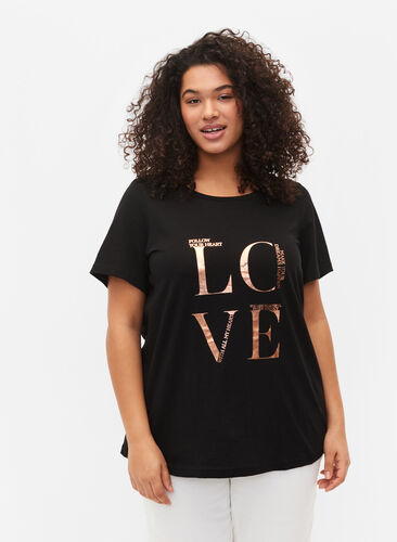 Kortermet T-skjorte i bomull med trykk, Black W. Love , Model image number 0