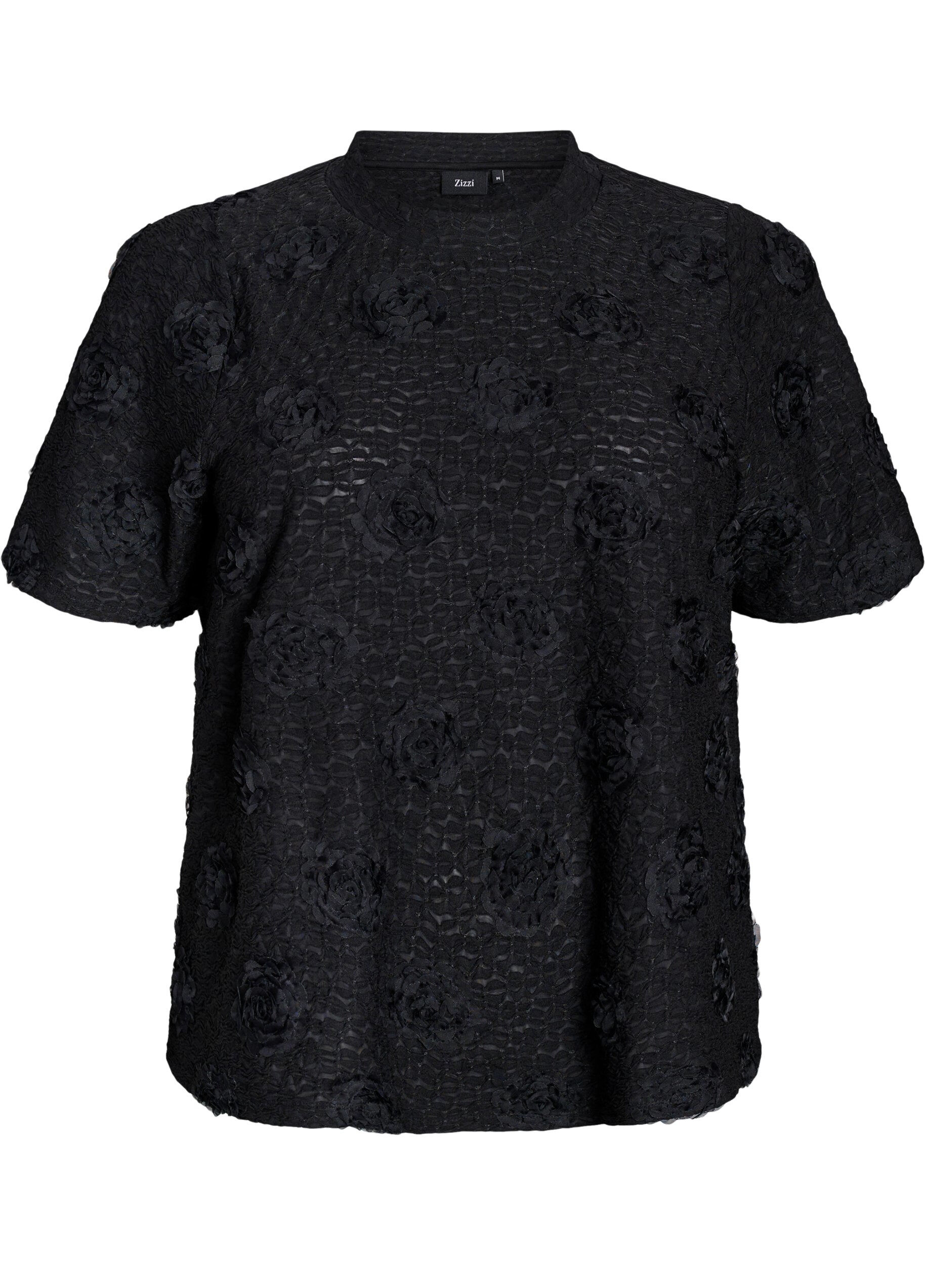 Bluse med 3D-blomster og korte ermer