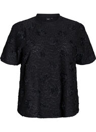 Bluse med 3D-blomster og korte ermer, Black