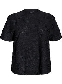 Bluse med 3D-blomster og korte ermer, Svart Bluse med 3D-blomster og korte ermer
