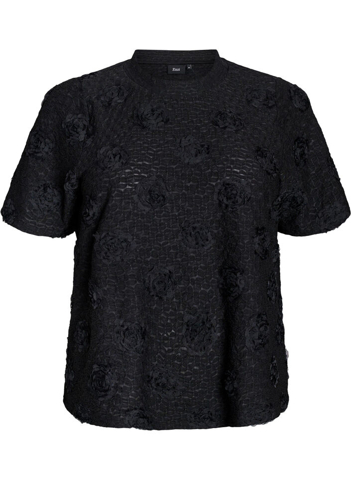 Bluse med 3D-blomster og korte ermer, Svart, Packshot image number 0