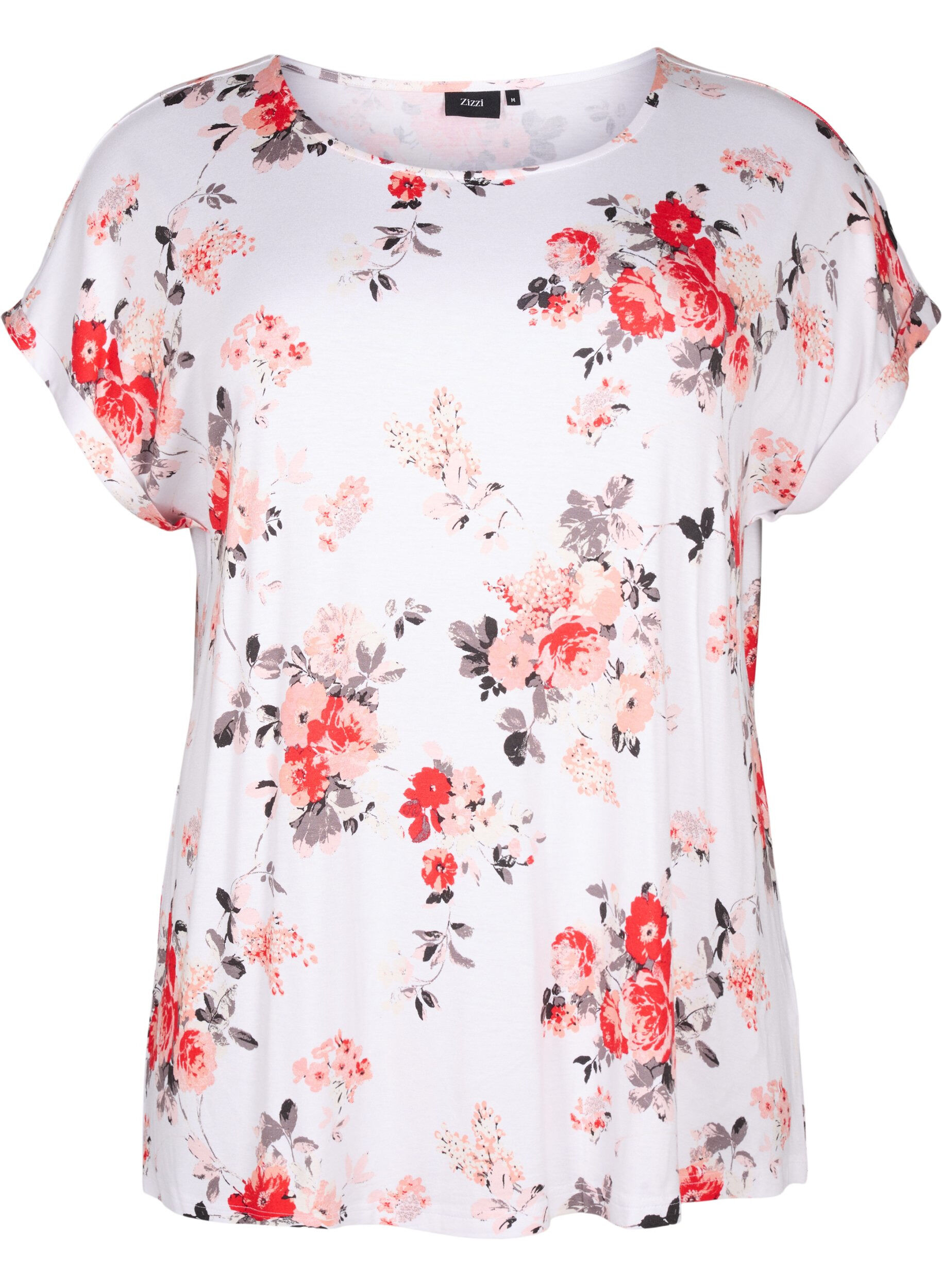 Zizzi Blomstret bluse i viskose med korte ermer, White AOP flower, Packshot image number 0