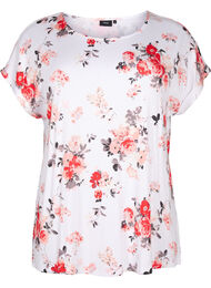 Blomstret bluse i viskose med korte ermer, White AOP flower