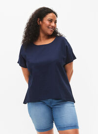 Kortermet bluse i bomullsblanding med lin, Navy Blazer, Model