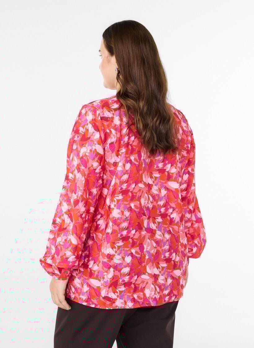 Bluse med V-hals og grafisk bladtrykk, Rosa, Model image number 2