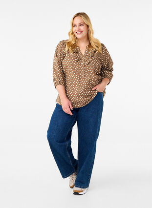 Zizzi 3/4-ermet bomullsbluse med trykk, Coca Mocha Dot , Model image number 2