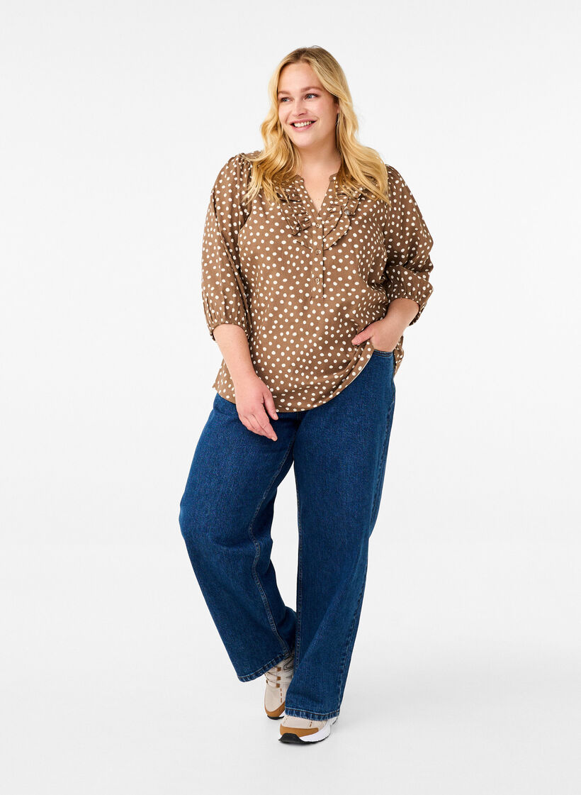 3/4-ermet bomullsbluse med trykk, Coca Mocha Dot , Model image number 2