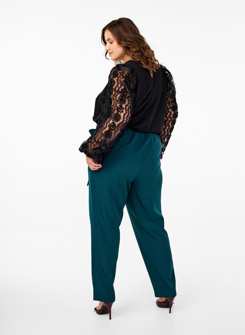 Bukser med høyt liv, volanger og knytebelte, Sea Moss Melange, Model image number 1