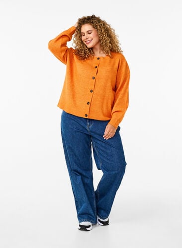 Zizzi Ribbestrikket cardigan med knapper, Orange, Model image number 1