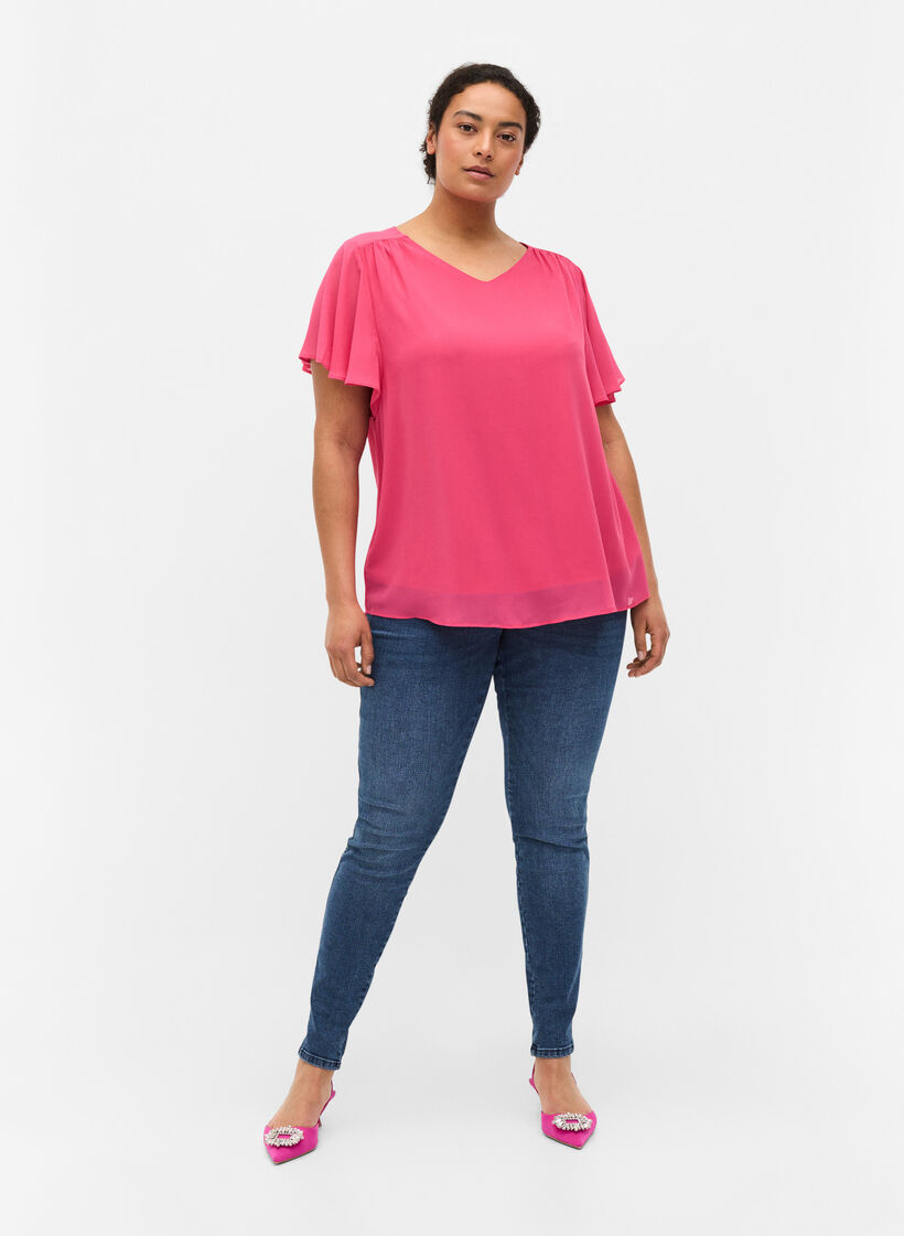 Bluse med korte ermer, Magenta, Model image number 2
