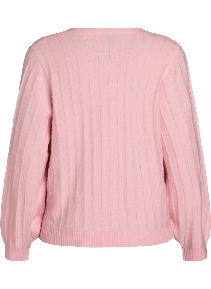 Cardigan med ribbet tekstur og ballongermer, Rosa, Packshot image number 1