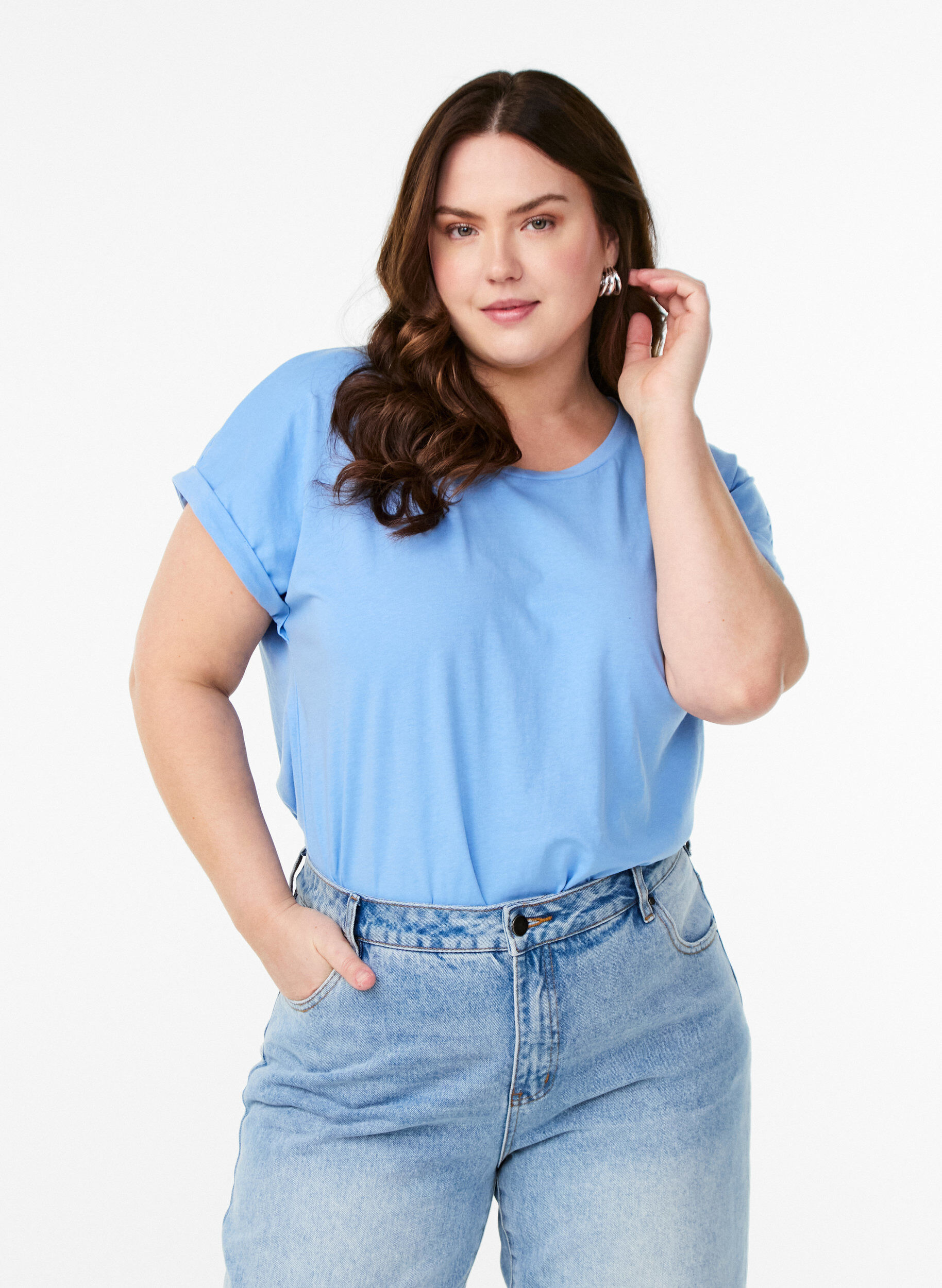 Zizzi Kortermet t-skjorte i en bomullsblanding, Bl&aring;, Model image number 0