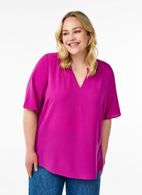 Kortermet bluse med V-hals, Lilla Kortermet bluse med V-hals, Lilla, Model