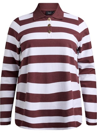Zizzi Stripete poloskjorte med lange ermer, Mørk Bordeaux, Packshot image number 0
