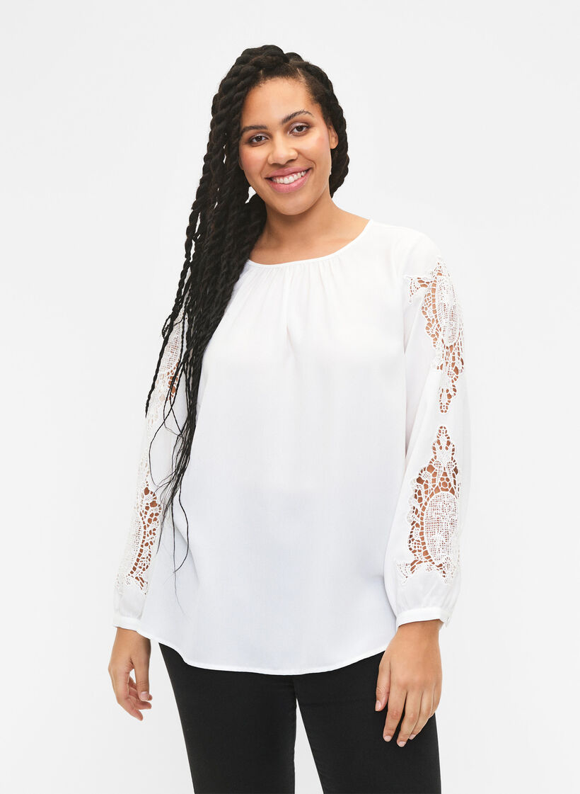 Bluse med lange ermer og heklede detaljer, Bright White, Model image number 0