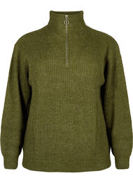 FLASH - strikket genser med høy hals og glidelås, Dark Olive Mel.