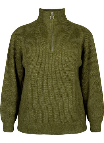 FLASH - strikket genser med høy hals og glidelås, Dark Olive Mel., Packshot image number 0