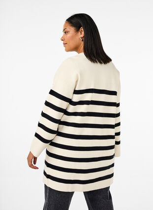 Zizzi Langstrikket stripet cardigan, Birch w/Black, Model image number 1