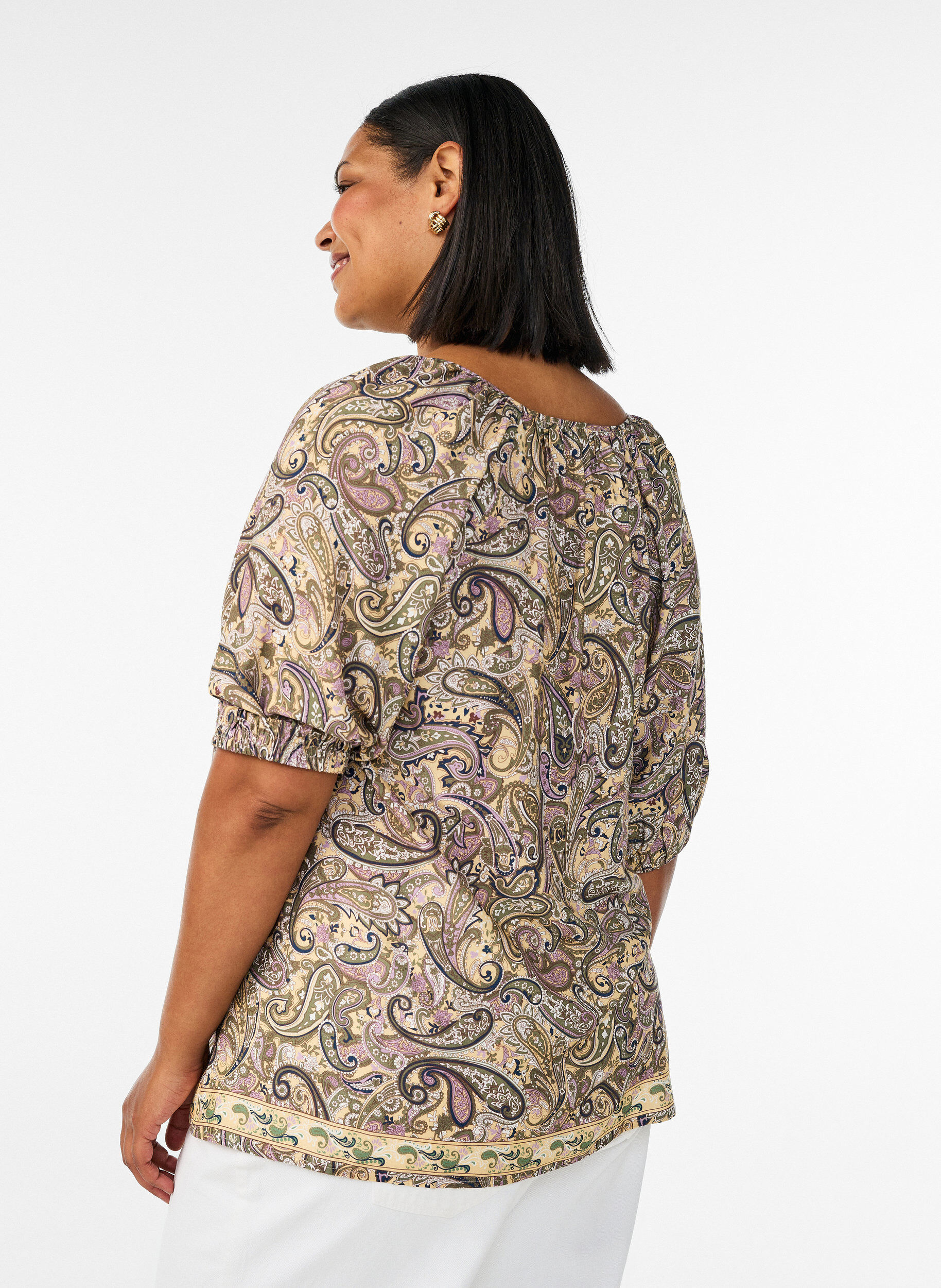 ZizziViskose bluse med paisley-trykk og knytesnor, Gul, Model image number 2