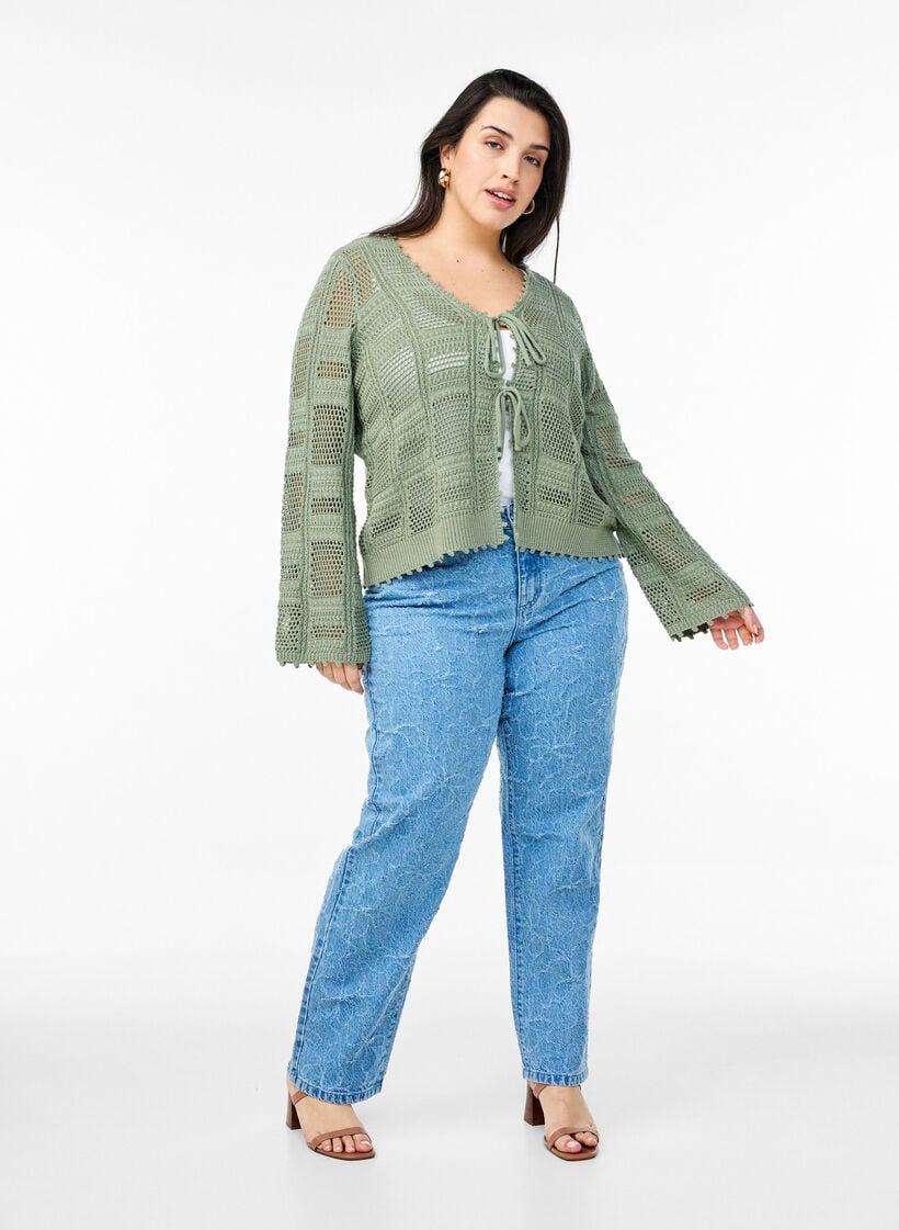 Strikket cardigan med knytebånd og et åpent mønster, Grønn, Model image number 1