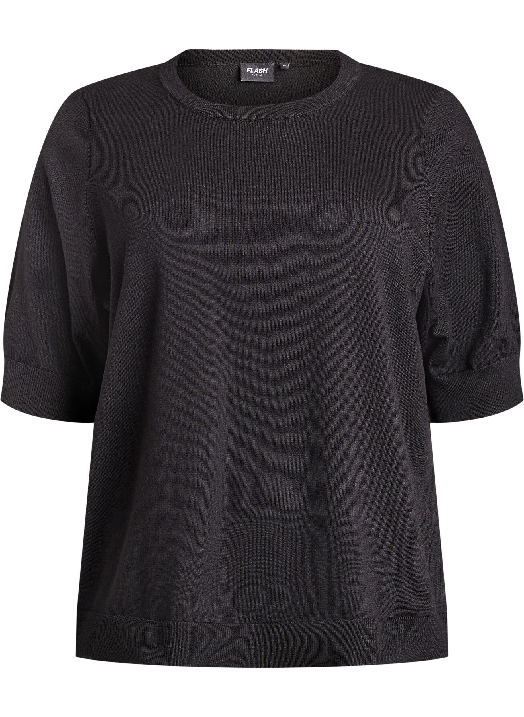 ZizziFinstrikket bluse med korte ermer, Svart, Packshot image number 0