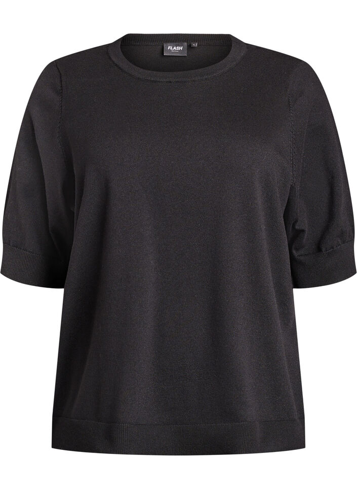 Finstrikket bluse med korte ermer, Svart, Packshot image number 0