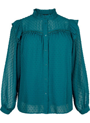 Skjortebluse med volanger og prikkete tekstur, Shaded Spruce, Packshot image number 0