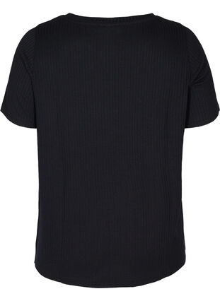 Ensfarget T-skjorte med ribbet struktur og korte ermer, Black, Packshot image number 1