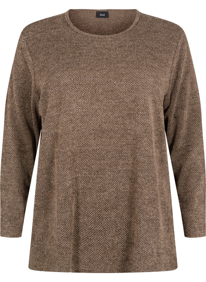 Melange Bluse med rund hals og lange ermer, Caribou, Packshot image number 0