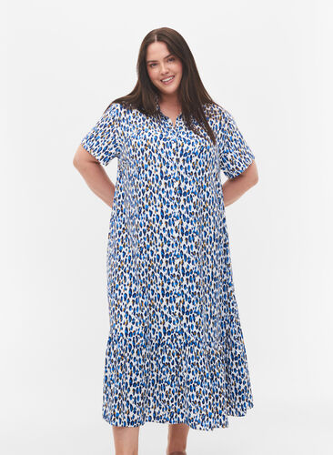 Kortermet midikjole i viskose, Blue Leo AOP, Model image number 0