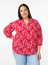 Bomullsbluse med blomstertrykk, Rød Bomullsbluse med blomstertrykk, Rød, Model