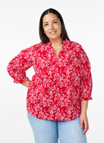 Zizzi Bomullsbluse med blomstertrykk, Rød, Model image number 0