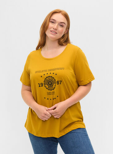 Kortermet T-skjorte i bomull med trykk, Harvest Gold, Model image number 0