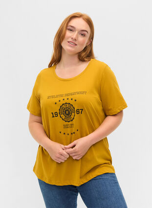 Kortermet T-skjorte i bomull med trykk, Harvest Gold, Model image number 0
