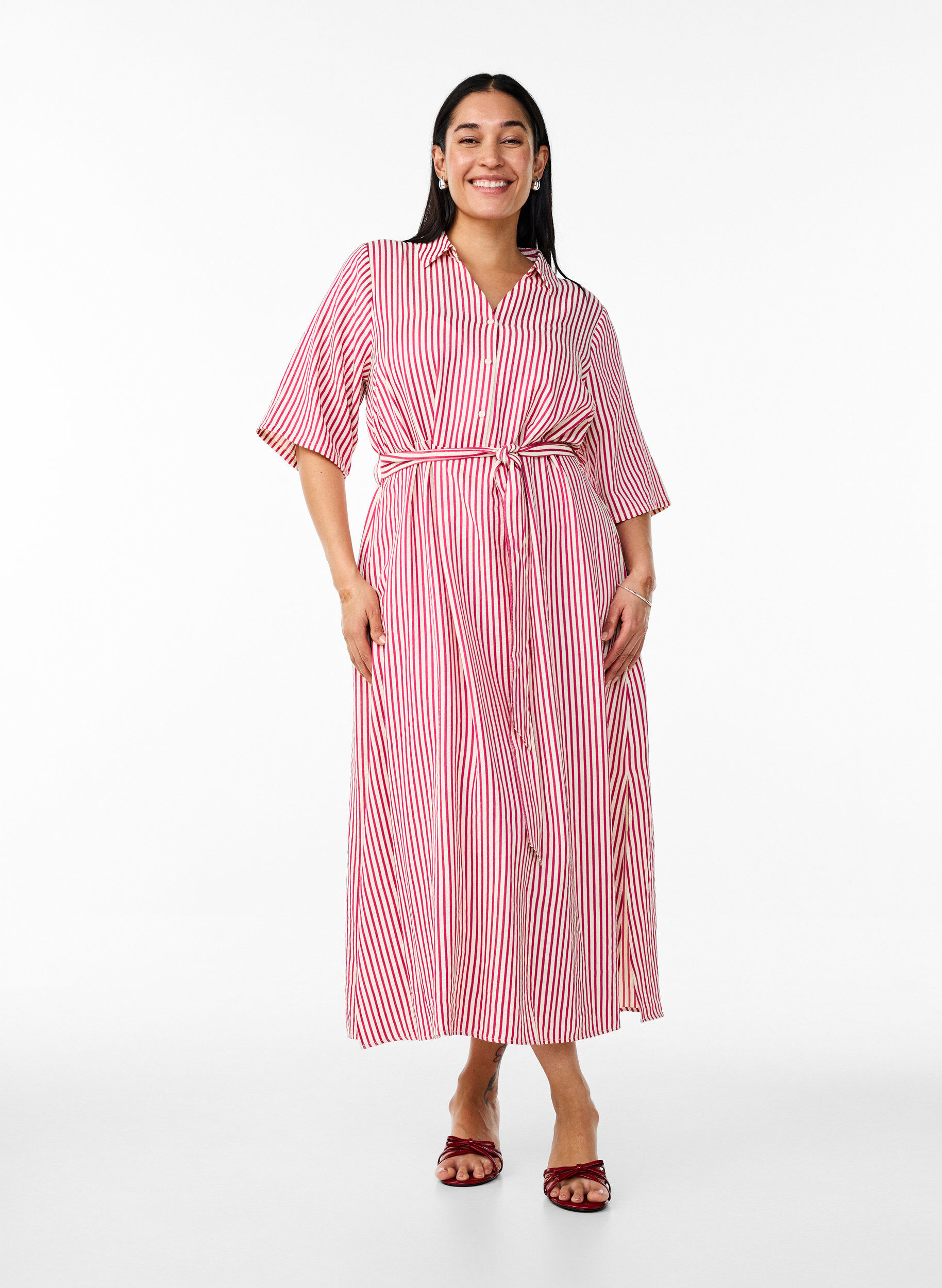 ZizziSkjortekjole i ankellengde med bindebelte og striper, Rosa, Model image number 0