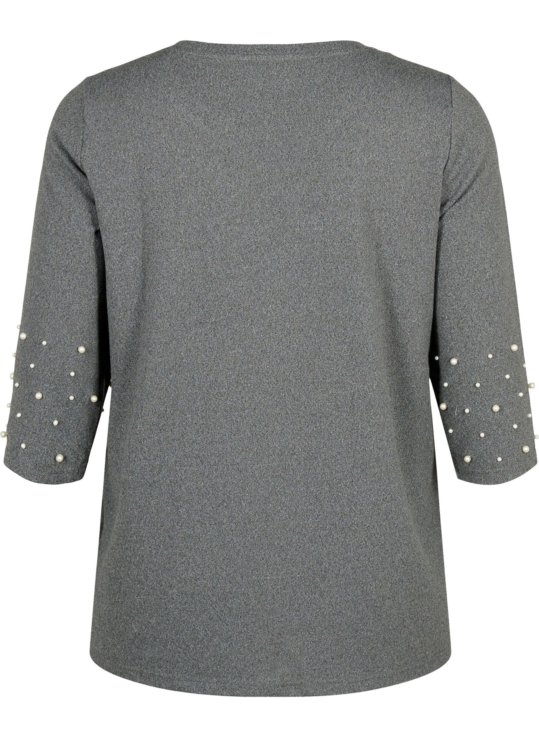 Zizzi Bluse med perler og 3/4-ermer, Dark Grey Melange, Packshot image number 1