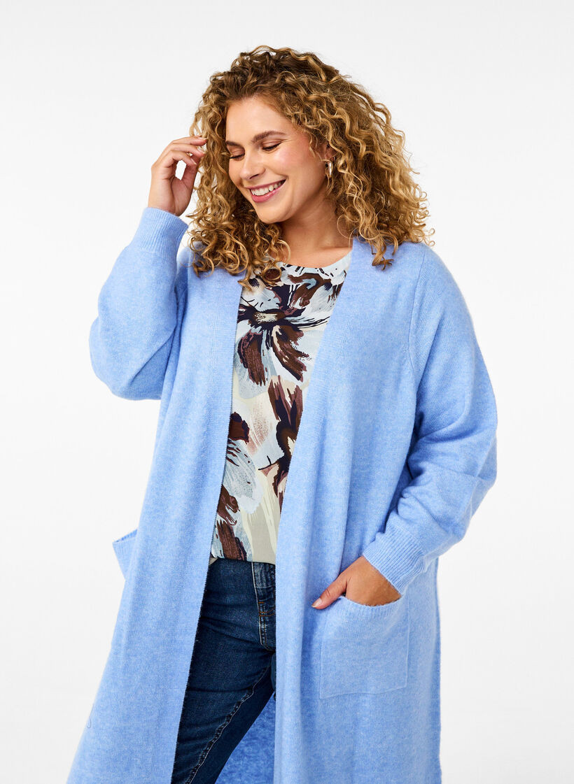 Lang strikket cardigan med lommer, Cornflower Blue Mel., Model image number 2