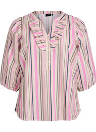 Bluse med 3/4 ermer i bomull med striper, Multi Stripe