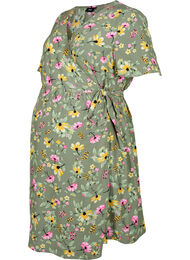Kjole til gravide i viskose med omslagseffekt, Green Flower Print, Packshot