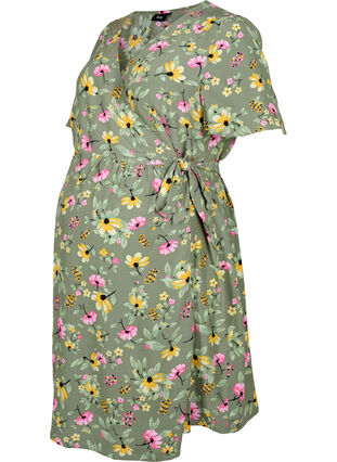 Kjole til gravide i viskose med omslagseffekt, Green Flower Print, Packshot image number 0
