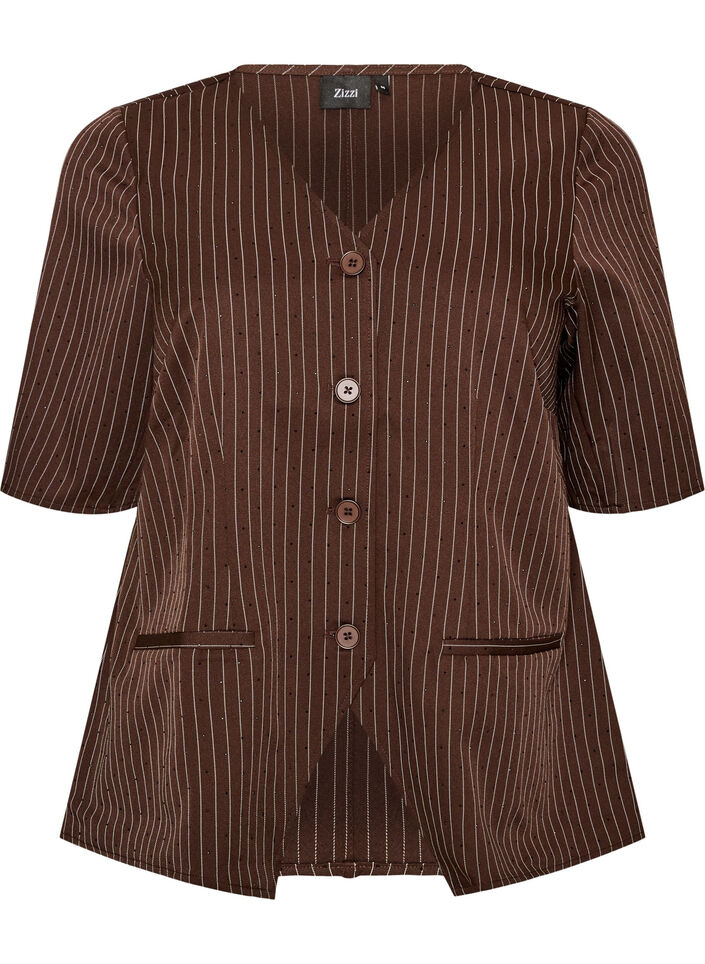 N&aring;lestripet bluse med rhinsteiner og knapper, Brun, Packshot image number 0