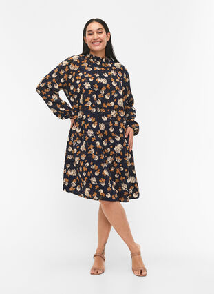 FLASH – Langermet kjole med blomstertrykk, Navy Brown Flower, Model image number 2