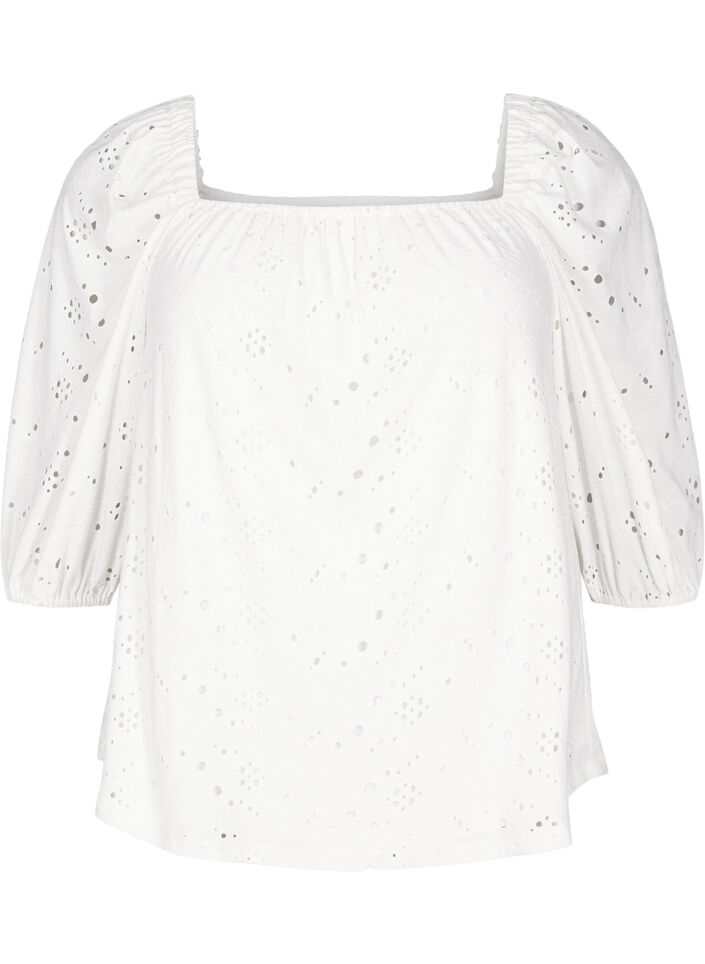 Bluse med korte puffede ermer og hullmønster, Bright White, Packshot