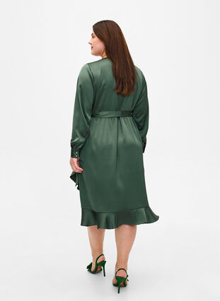 Zizzi Omslagskjole i sateng med lange ermer, Duck Green, Model image number 1