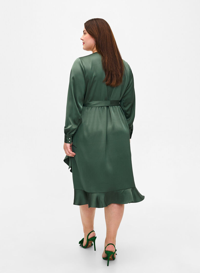 Omslagskjole i sateng med lange ermer, Duck Green, Model image number 1